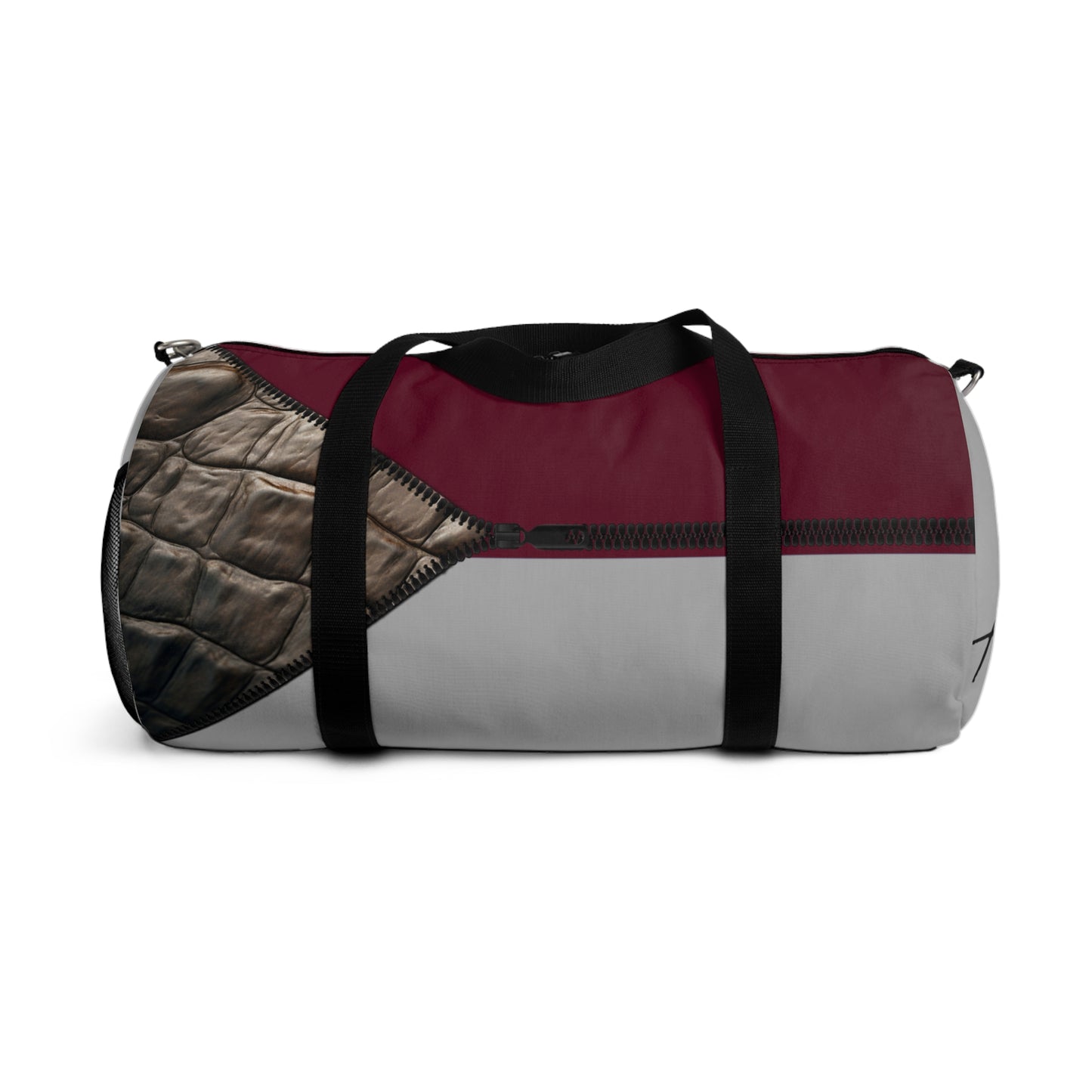 LUXE- Duffel: Back view of light grey bag with crocodile texture print over merlot and black.