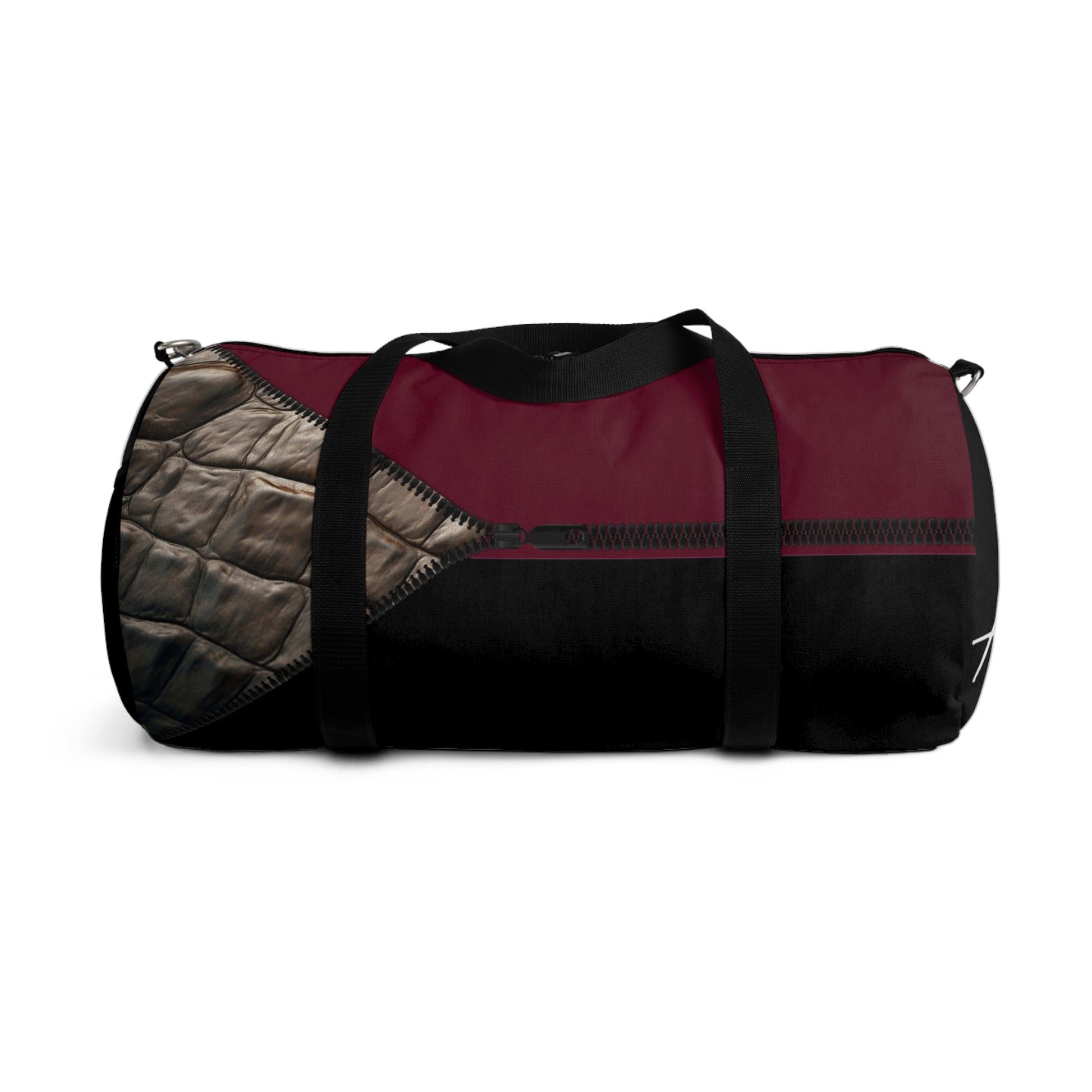 LUXE-Duffel: Back view of black bag with crocodile texture print over merlot and black.