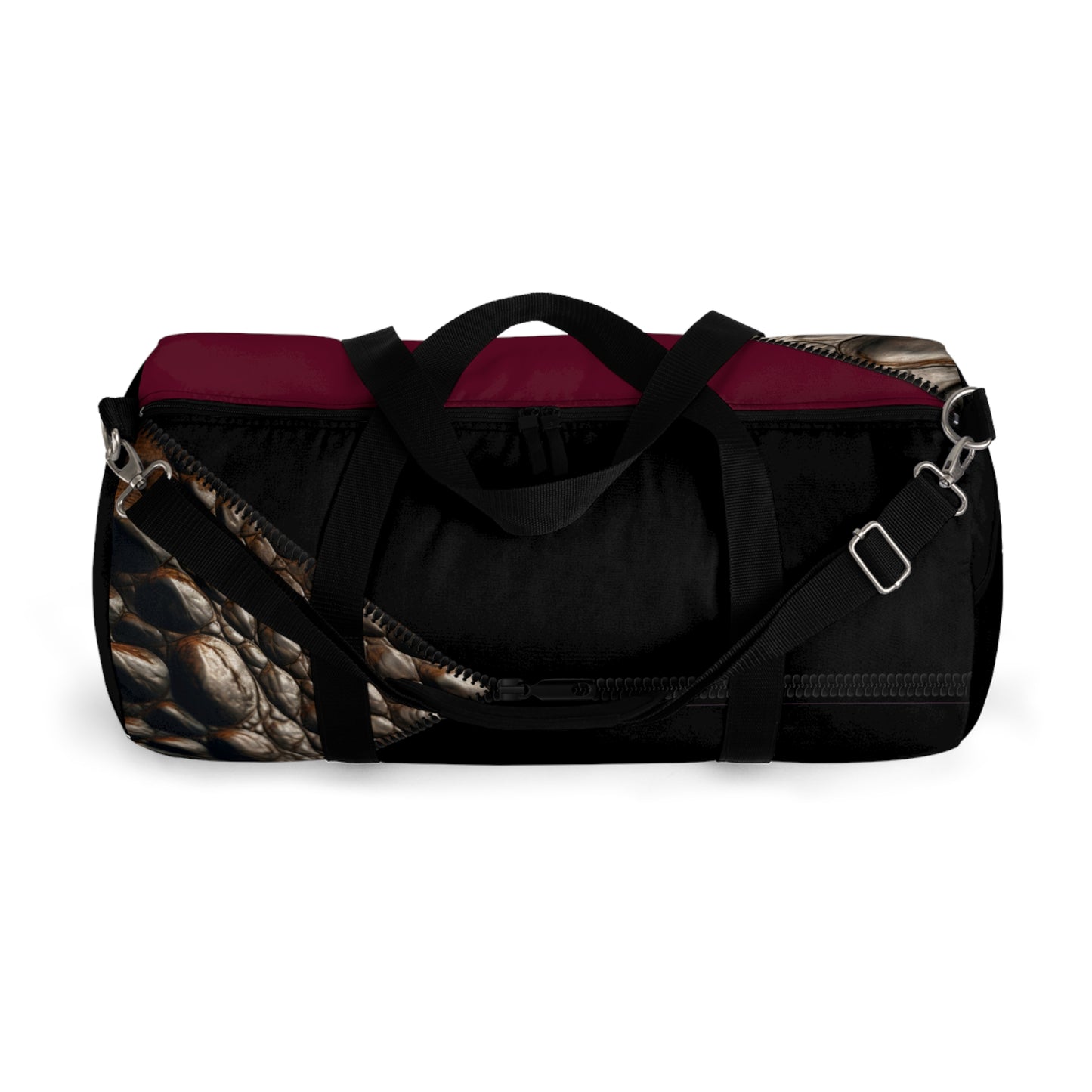 LUXE-Duffel: Top view of black bag with crocodile texture print over merlot and black.