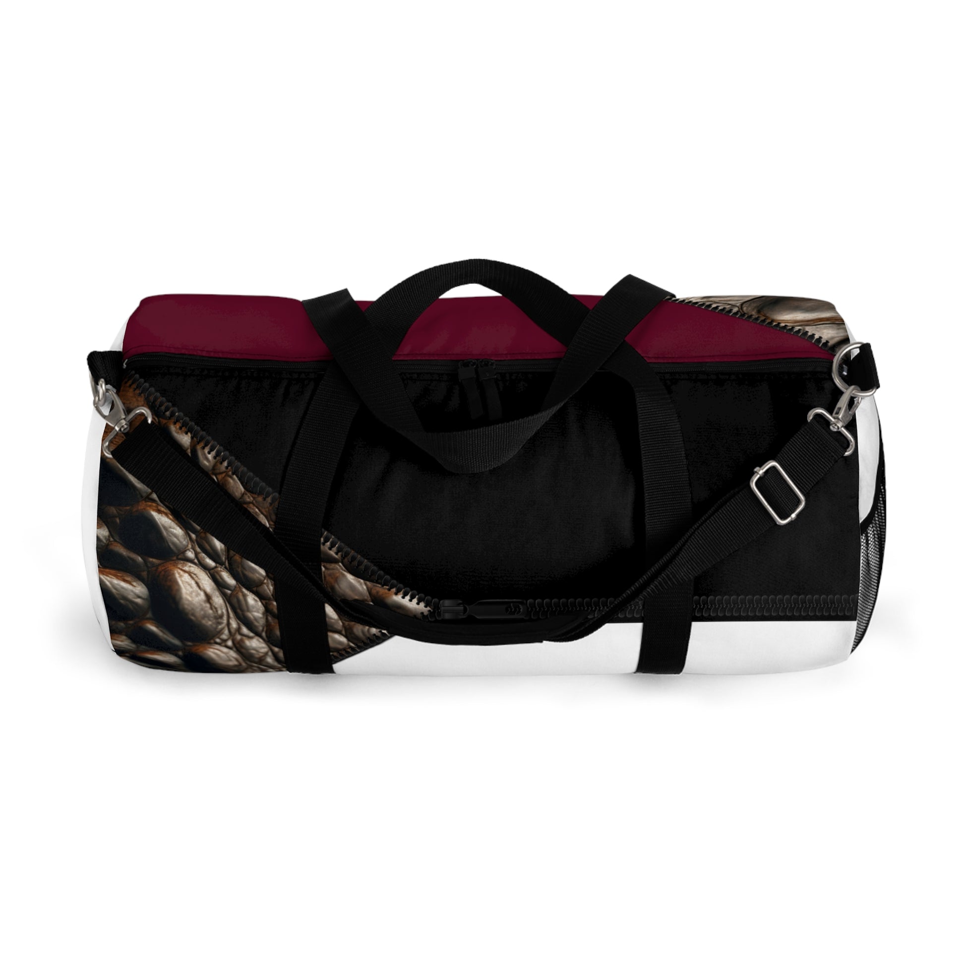 LUXE-Duffel: Top view of white bag with crocodile texture print over merlot and black