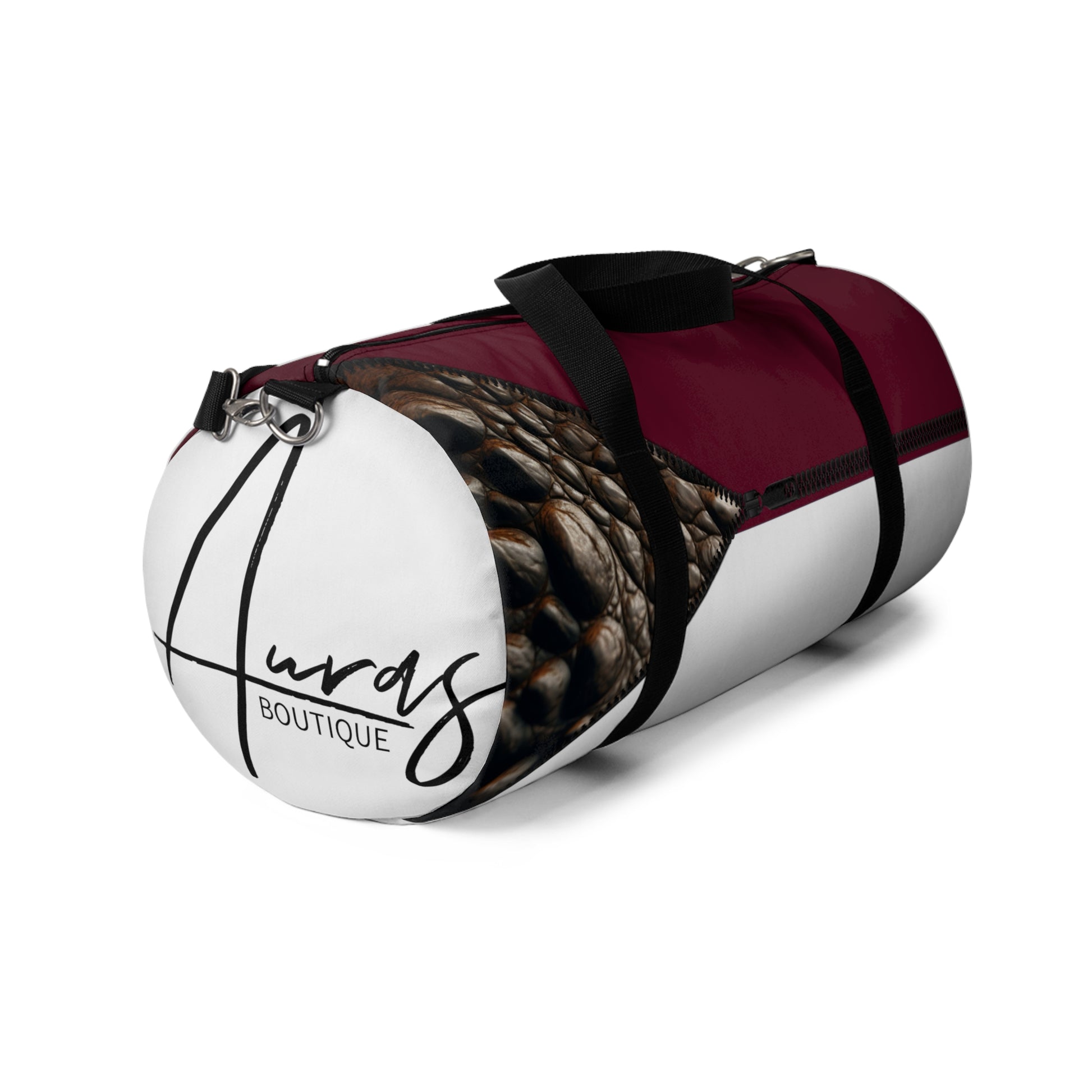 LUXE-Duffel: Right side view of white bag with crocodile texture print over merlot and merlot.