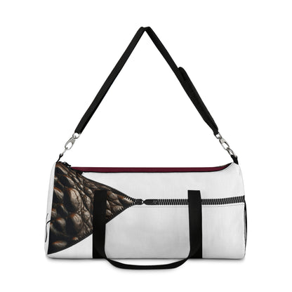 LUXE-Duffel: Front view of white bag with crocodile texture print over merlot and white.