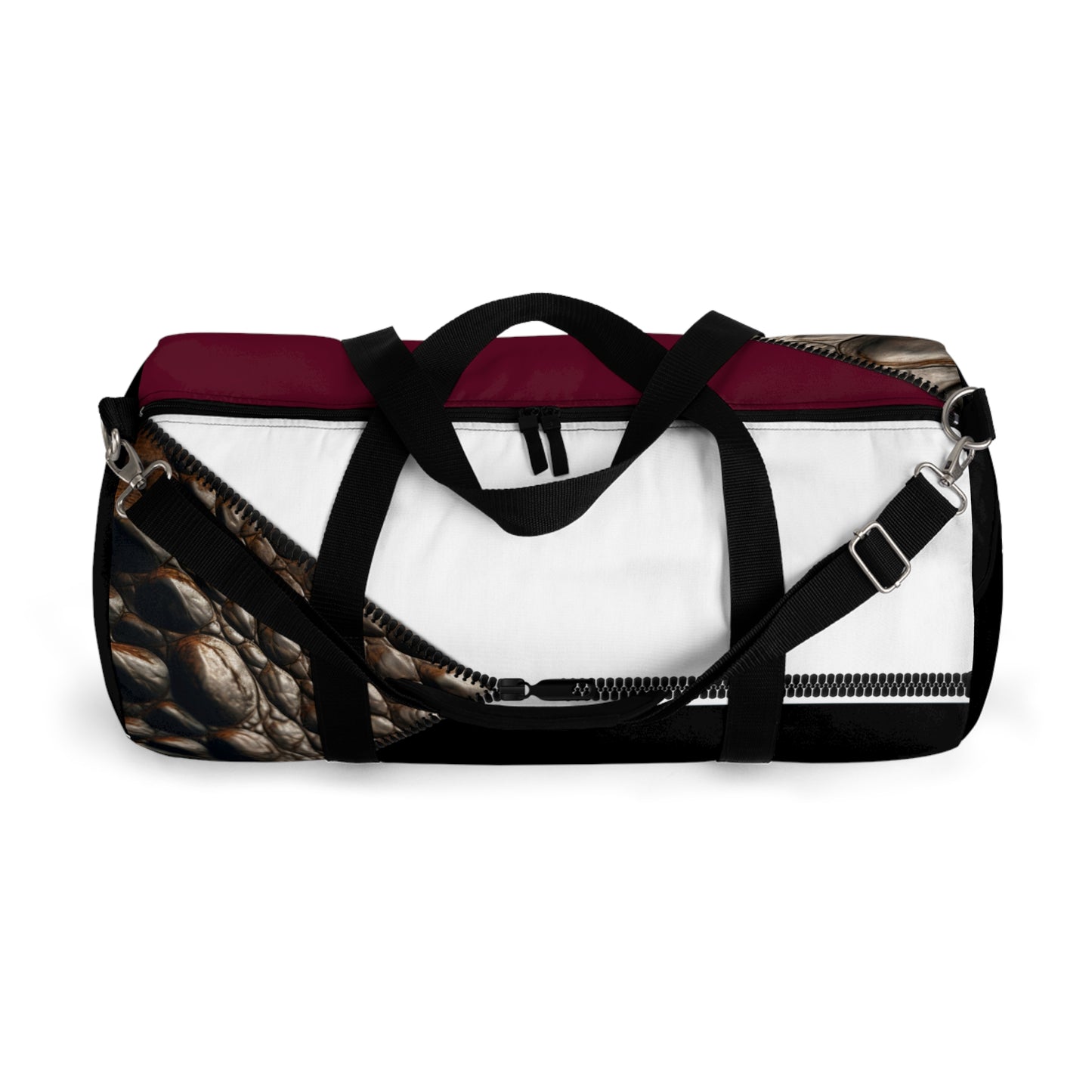 LUXE-Duffel: Top view of black bag with crocodile texture print over merlot and white.