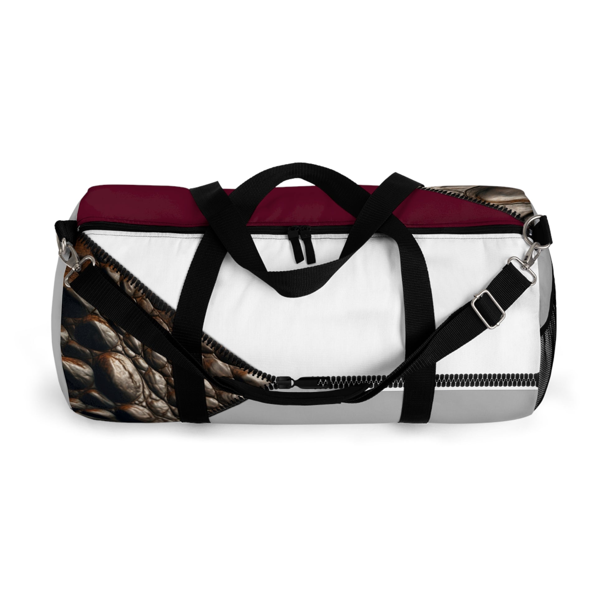 LUXE- Duffel: Top view of light grey bag with crocodile texture print over merlot and white.