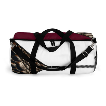 LUXE-Duffel: Top view of white bag with crocodile texture print over merlot and white. 