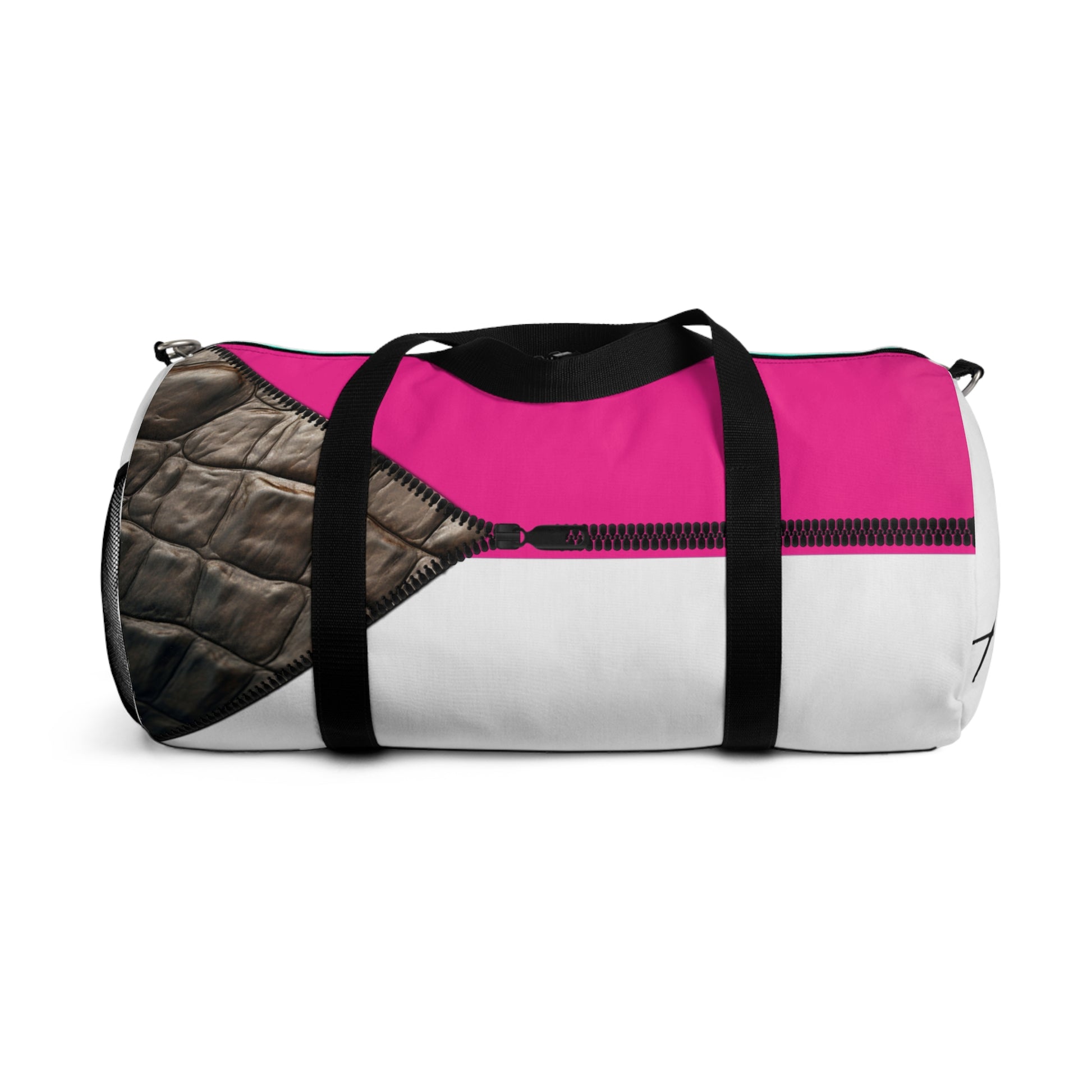 LUXE-Duffel: Back view of white bag with crocodile texture print over Auras Rose and Auras Rose.