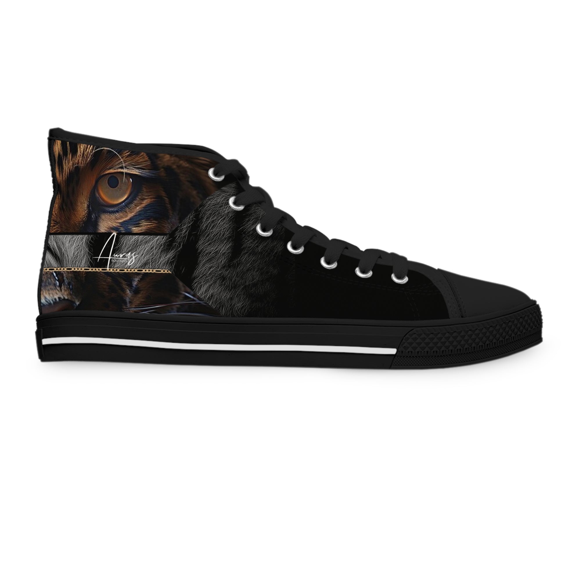 Walk on the wild side with Auras Boutique! Black Serengeti high-tops featuring a fierce tiger (with our logo!). Shop date-worthy & edgy styles.