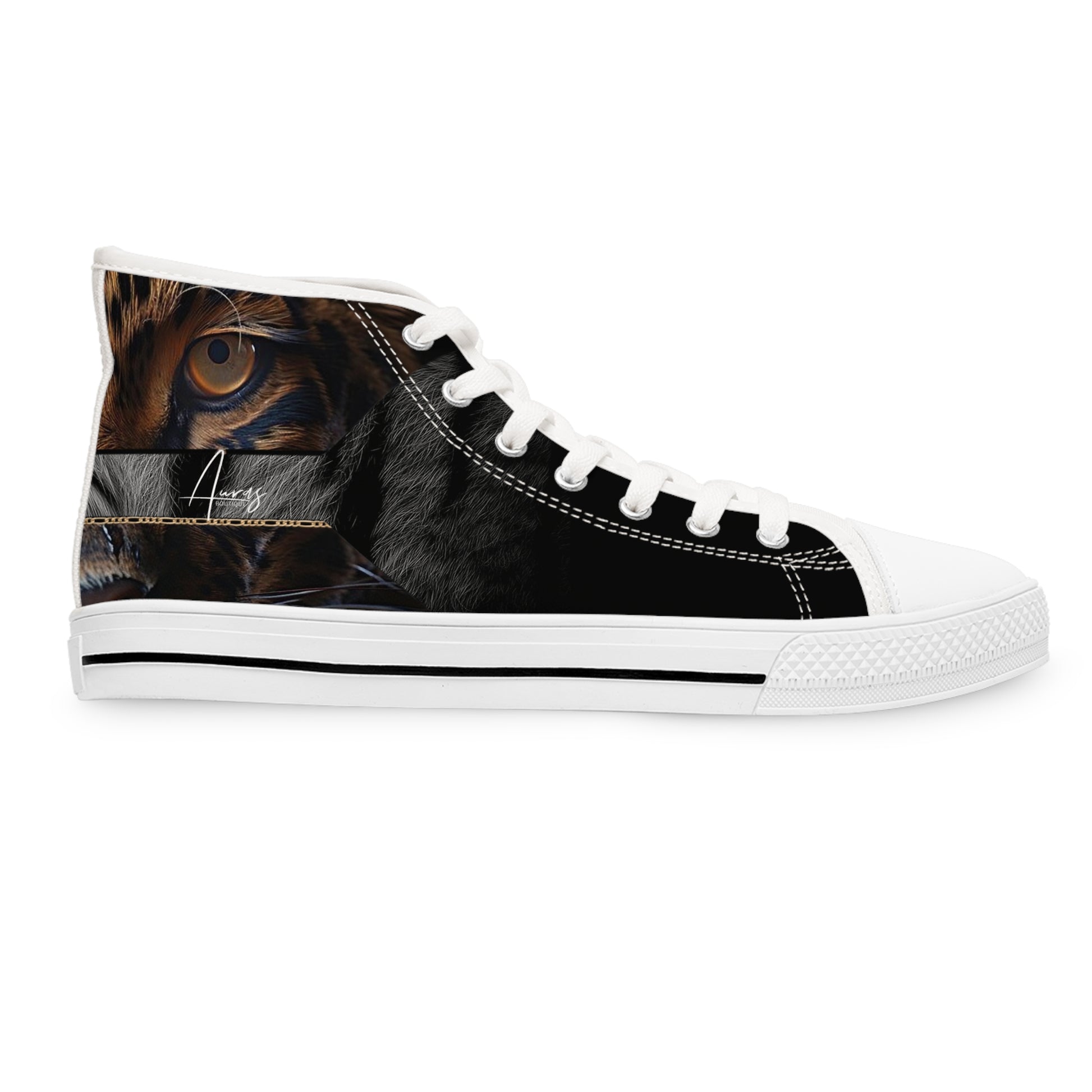 Walk on the wild side with Auras Boutique! White Serengeti high-tops featuring a fierce tiger (with our logo!). Shop date-worthy & edgy styles.