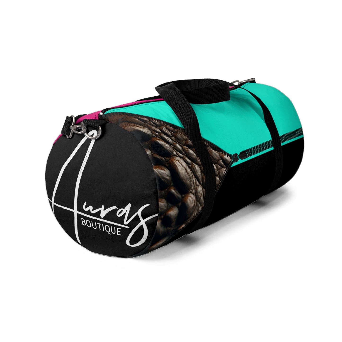 LUXE-Duffel: Right side view of black bag with crocodile texture print over Auras Rose and Auras Turquoise.