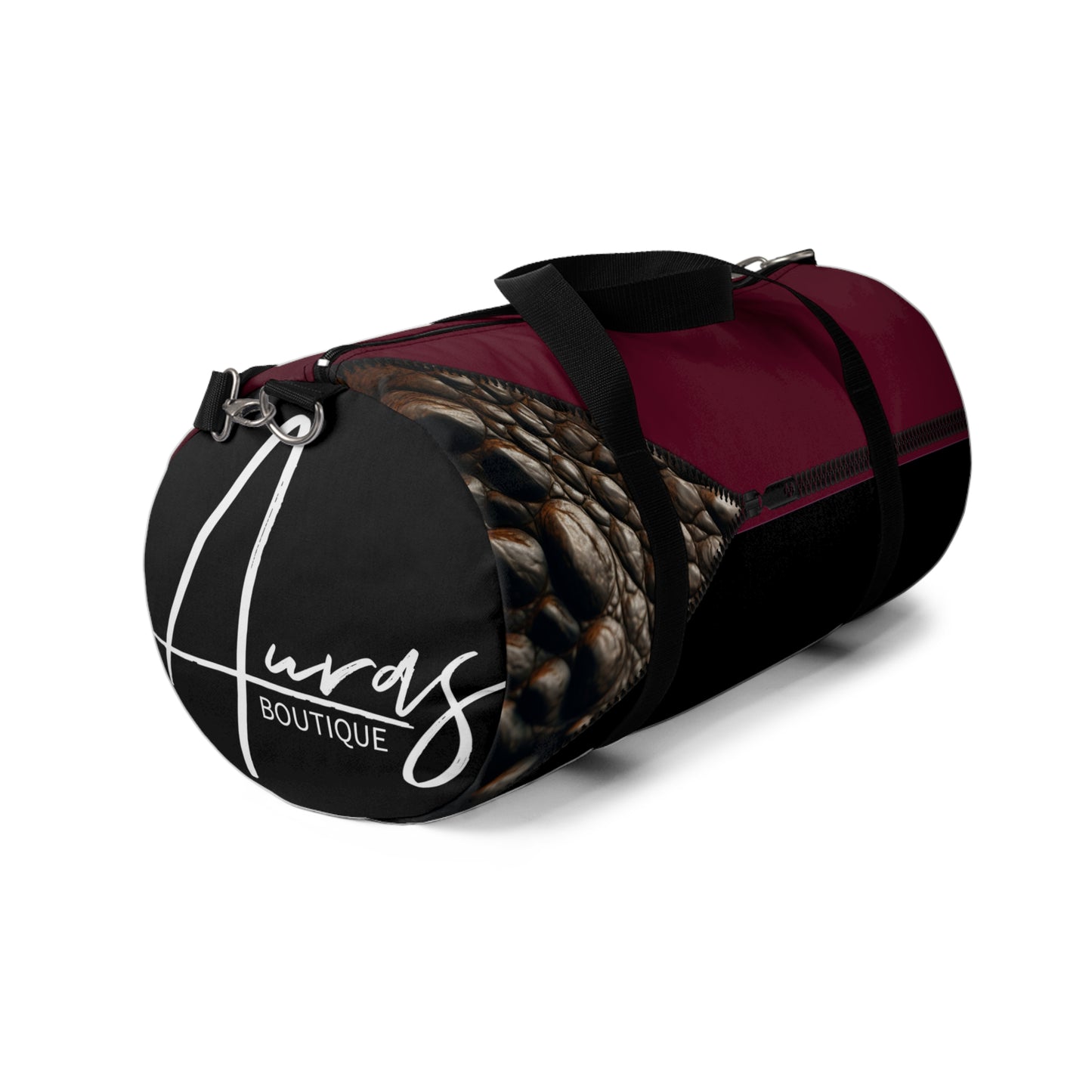 LUXE-Duffel: Right side view of black bag with crocodile texture print over merlot and merlot.