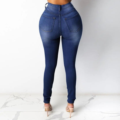 Oouu Bleux: Back view of high-waisted dark denim blue jeans on model.