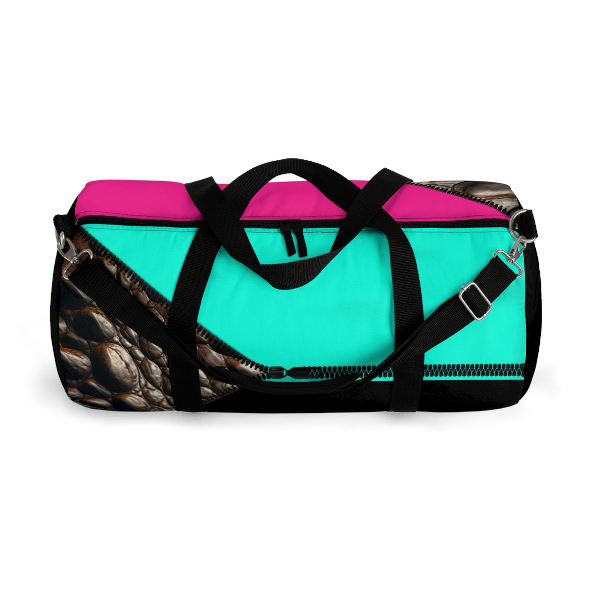 LUXE-Duffel: Top view of black bag with crocodile texture print over Auras Turquoise and Auras Turquoise.