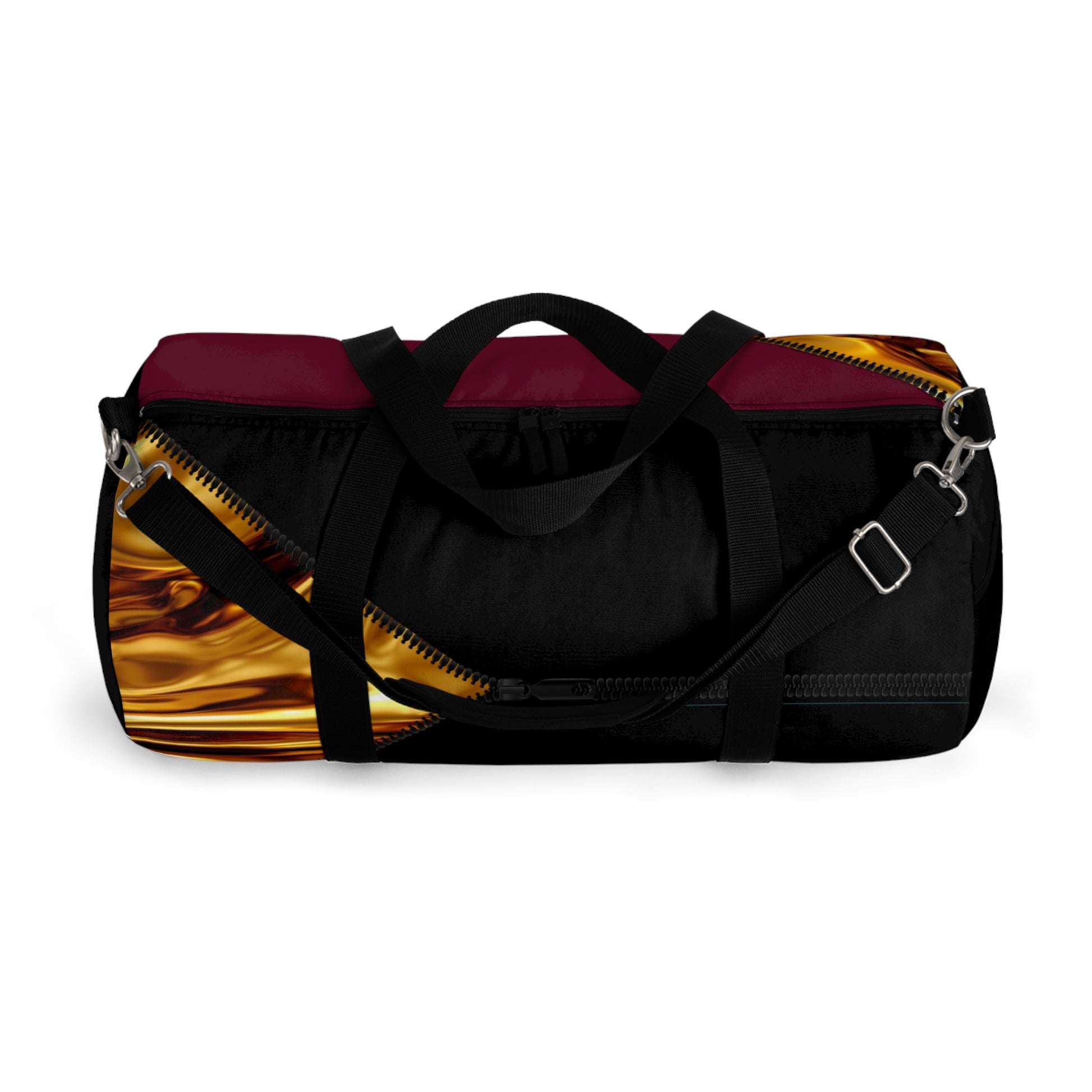 LUXE-Duffel: Top view of black bag with gold texture print over merlot and black.