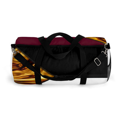 LUXE-Duffel: Top view of white bag with gold texture print over merlot and black.