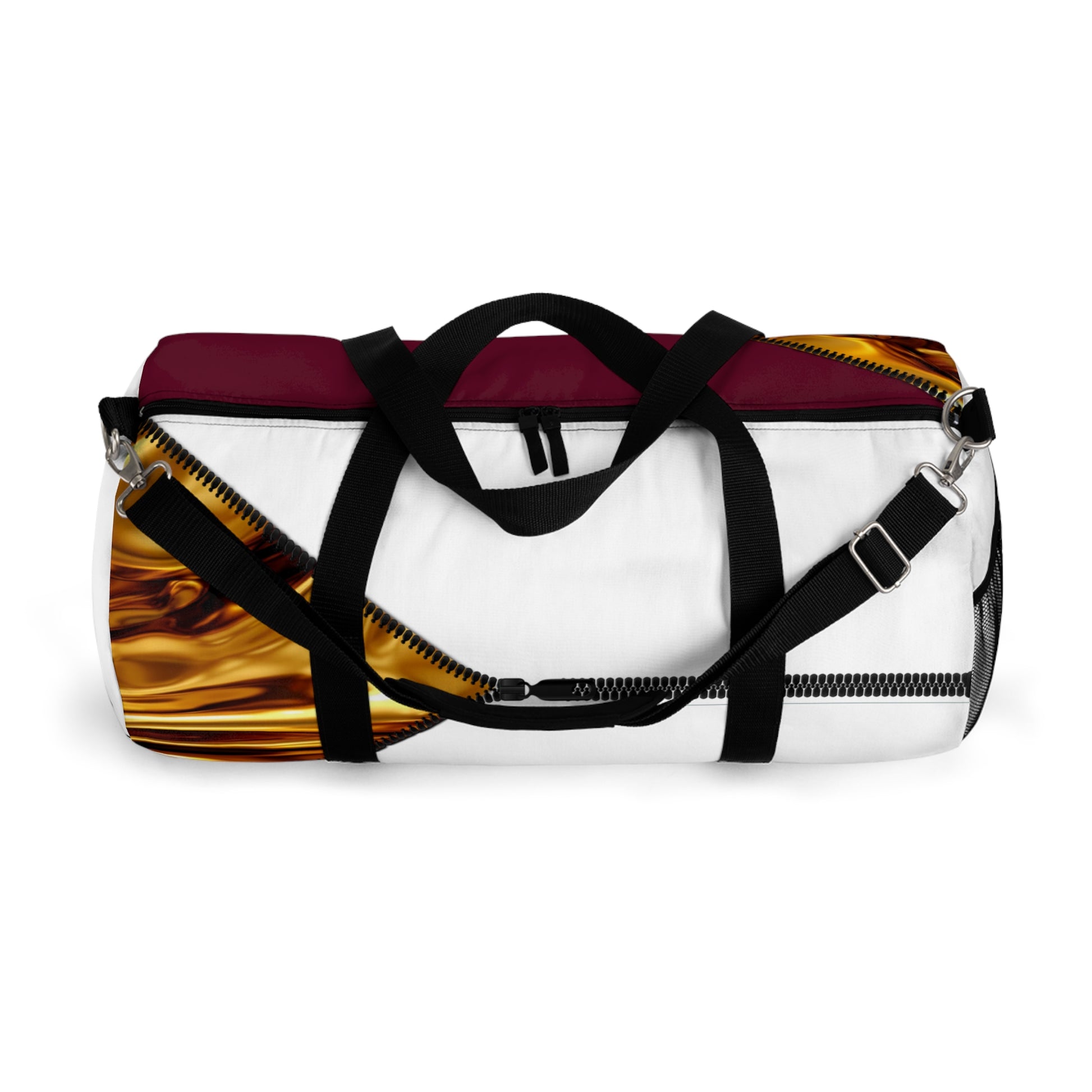 LUXE-Duffel: Top view of white bag with gold texture print over merlot and white.