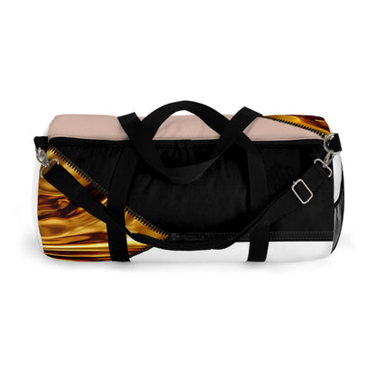 LUXE-Duffel: Top view of white bag with gold texture print over coral and black.