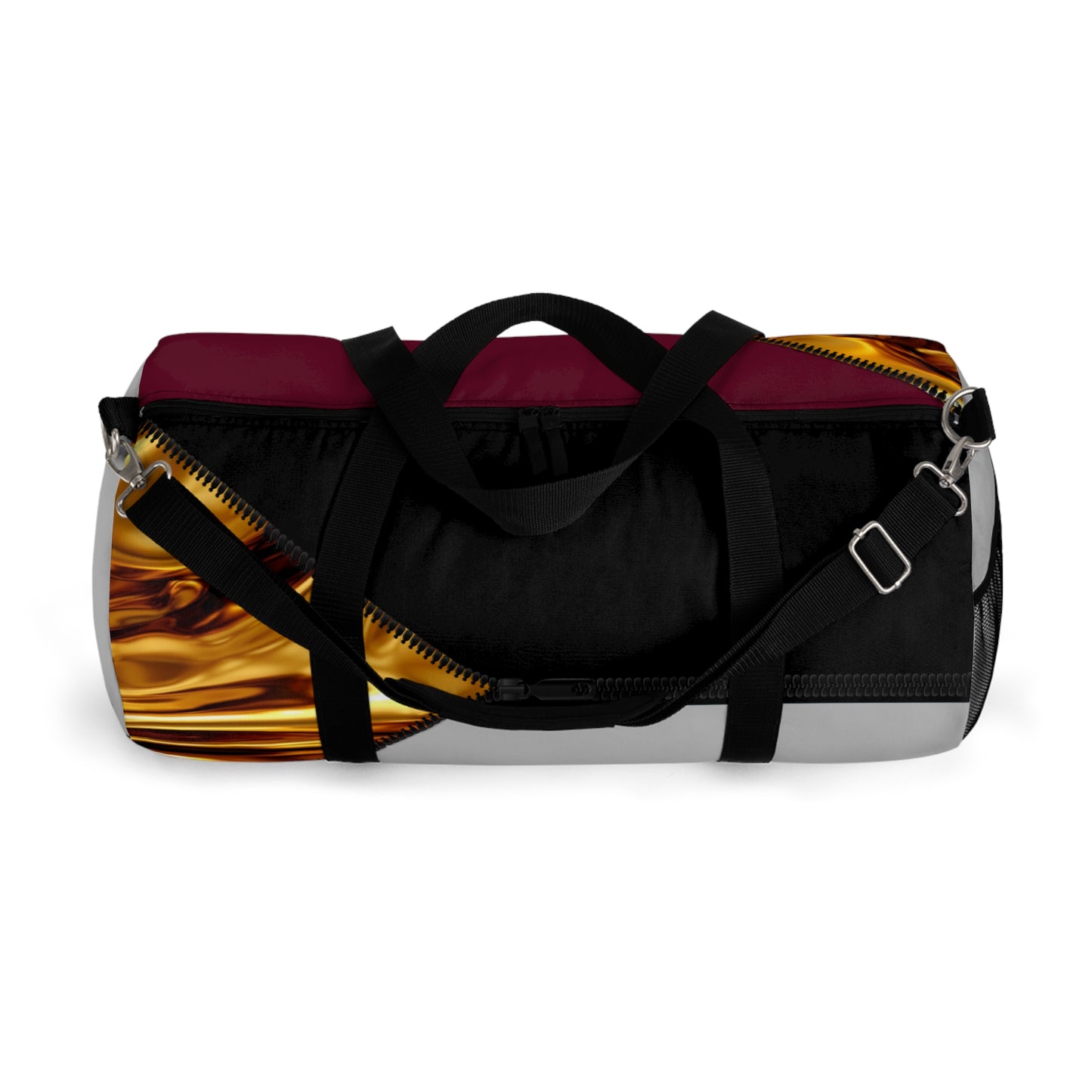 LUXE-Duffel: Top view of light grey bag with gold texture print over merlot and black.