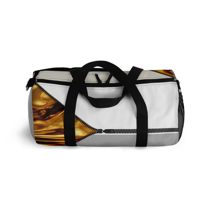 Luxe- Gym Bag: Stylish  and functional duffel for workout. Top view light grey bag with gold texture print over beige and white.