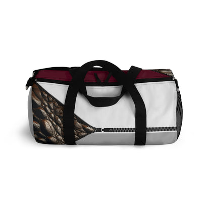 Luxe- Gym Bag: Stylish  and functional duffel for workout. Top view light grey bag with crocodile texture print over merlot and white.