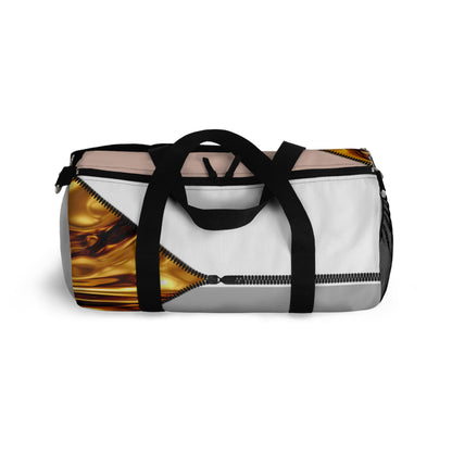 Luxe- Gym Bag: Stylish  and functional duffel for workout. Top view light grey bag with gold texture print over coral and white.