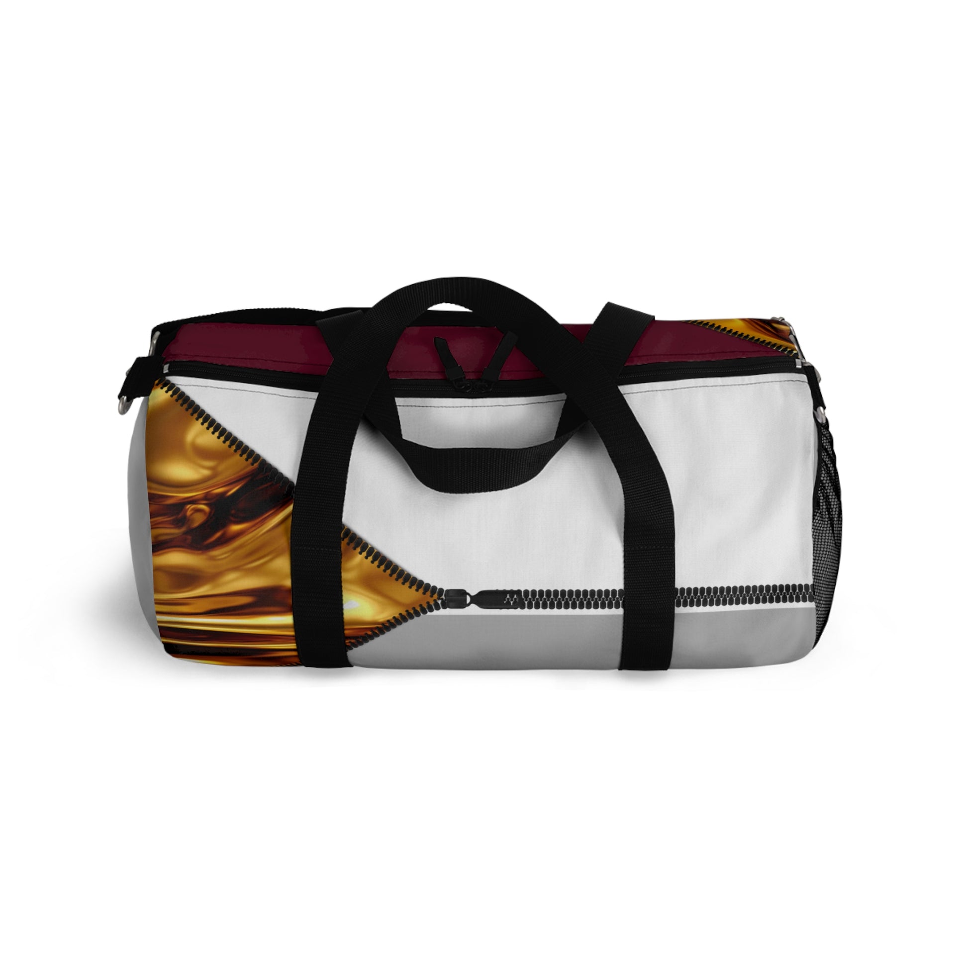 Luxe- Gym Bag: Stylish  and functional duffel for workout. Top view light grey bag with gold texture print over merlot and white.