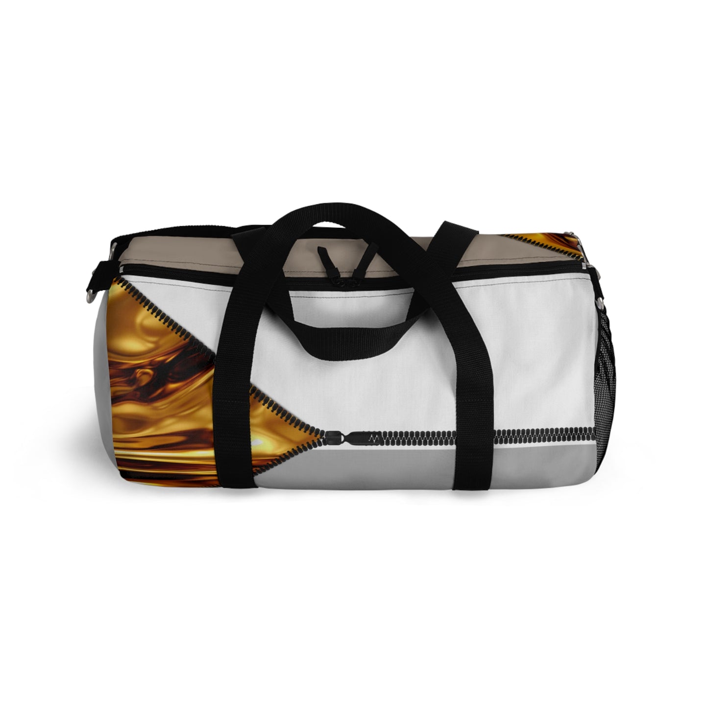 Luxe- Gym Bag: Stylish  and functional duffel for workout. Top view light grey bag with gold texture print over khaki and white..