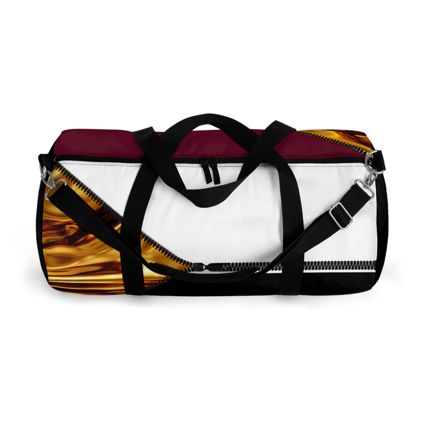 LUXE-Duffel: Top view of black bag with gold texture print over merlot and white.