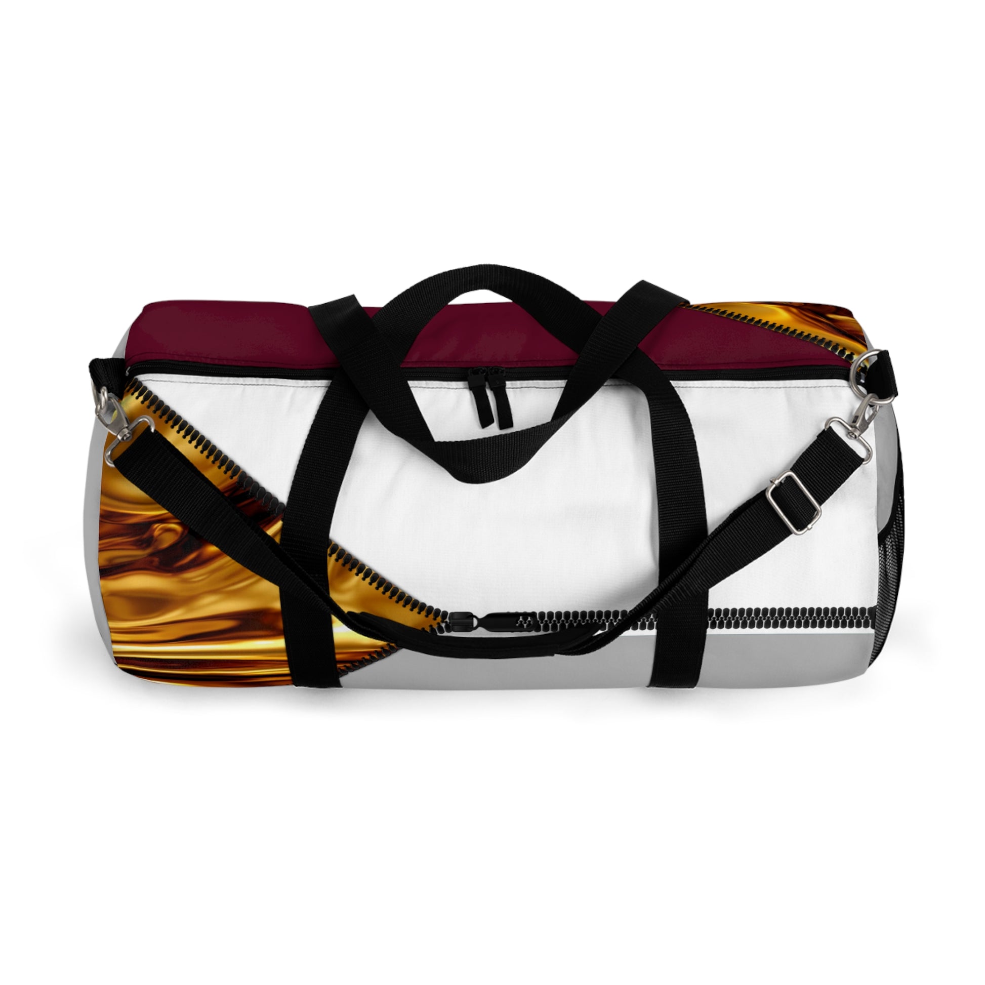 LUXE-Duffel: Top view of light grey bag with gold texture print over merlot and white.