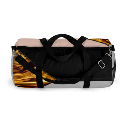 LUXE-Duffel: Top view light grey bag with gold texture print over coral and black.