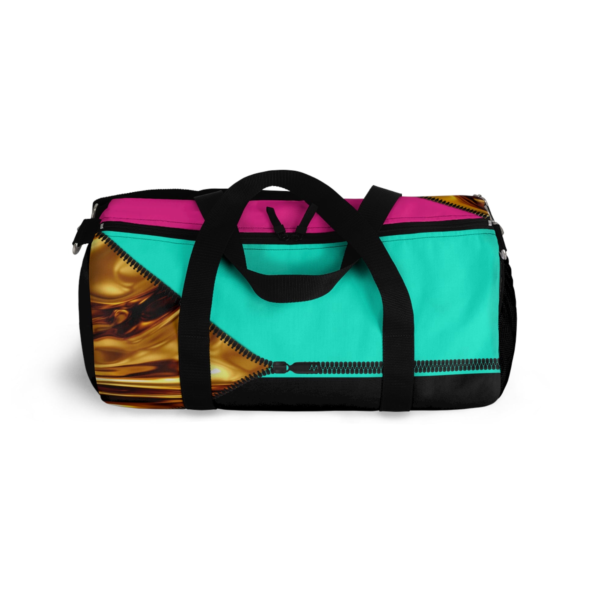 Luxe- Gym Bag: Stylish  and functional duffel for workout. Top view black bag with gold texture print over Auras Rose and Auras Turquoise.