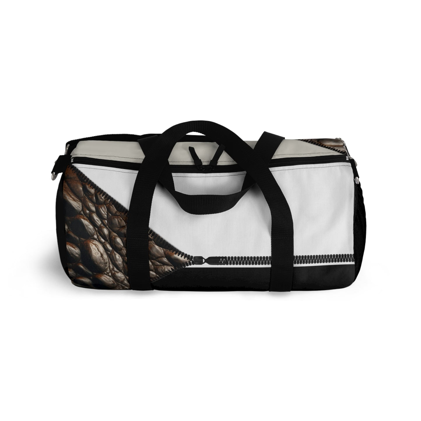 Luxe- Gym Bag: Stylish  and functional duffel for workout. Top view black bag with crocodile texture print over beige and white.