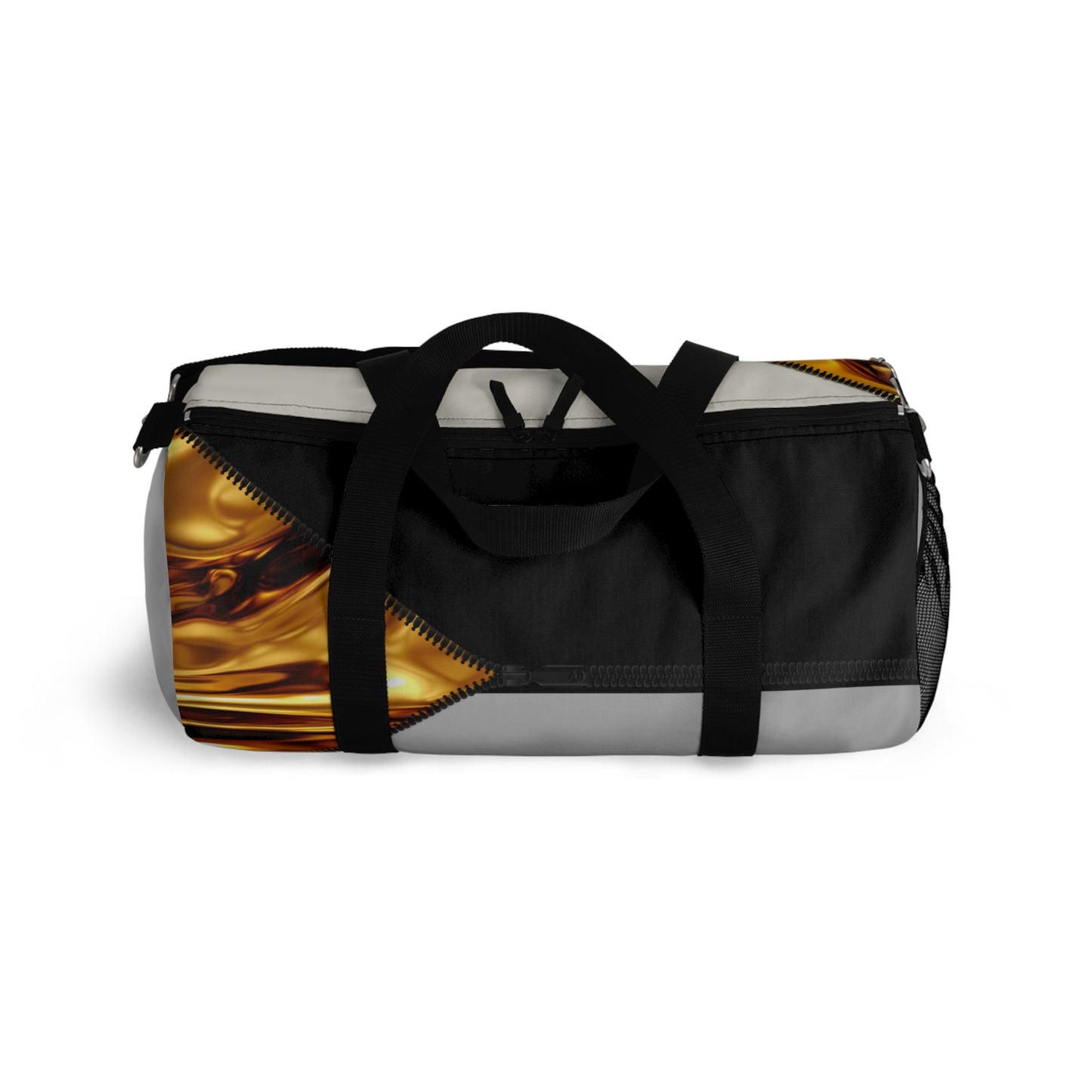 Luxe- Gym Bag: Stylish  and functional duffel for workout. Top view light grey bag with gold texture print over beige and black.