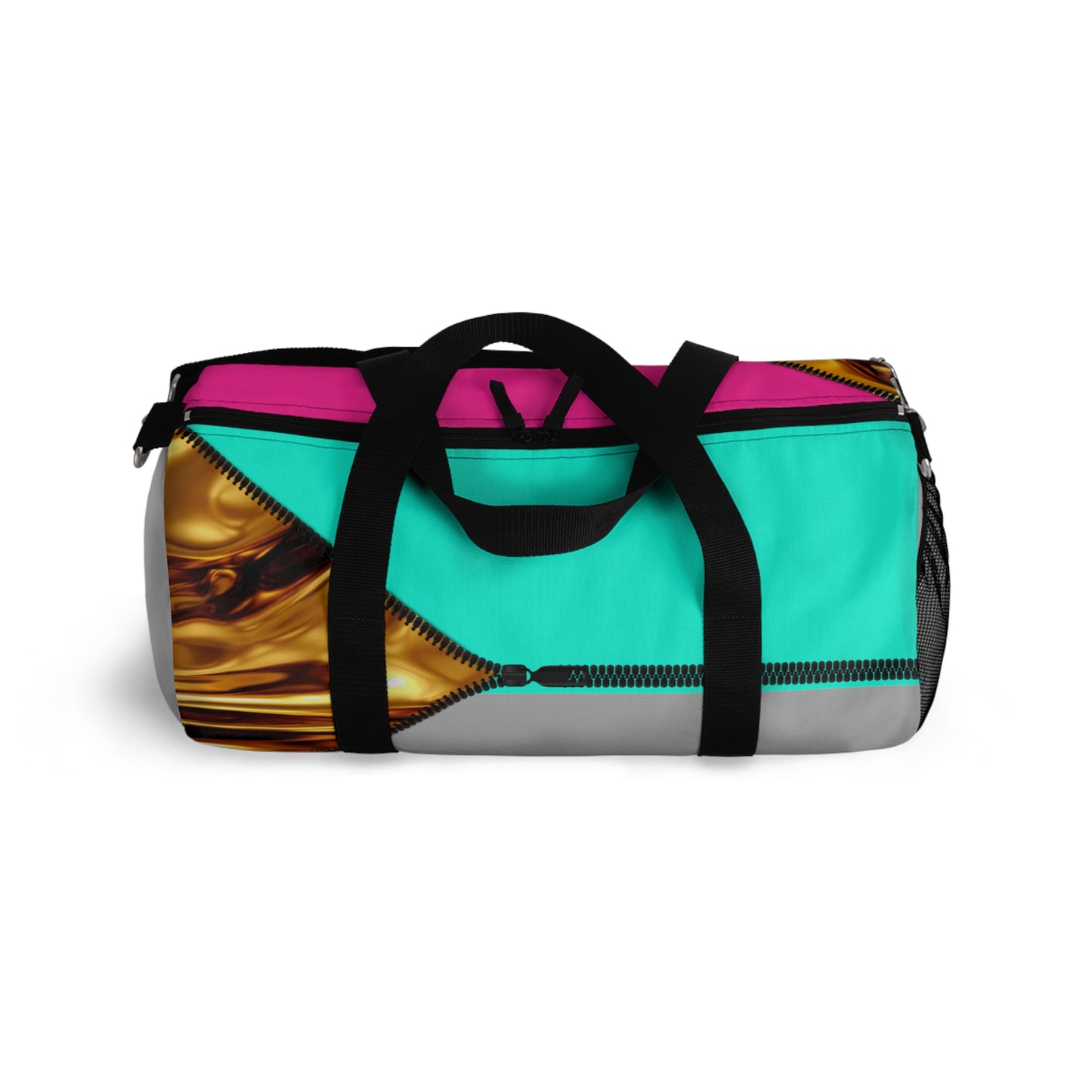 Luxe- Gym Bag: Stylish  and functional duffel for workout. Top view light grey bag with gold texture print over Auras Rose and Auras Turquoise.