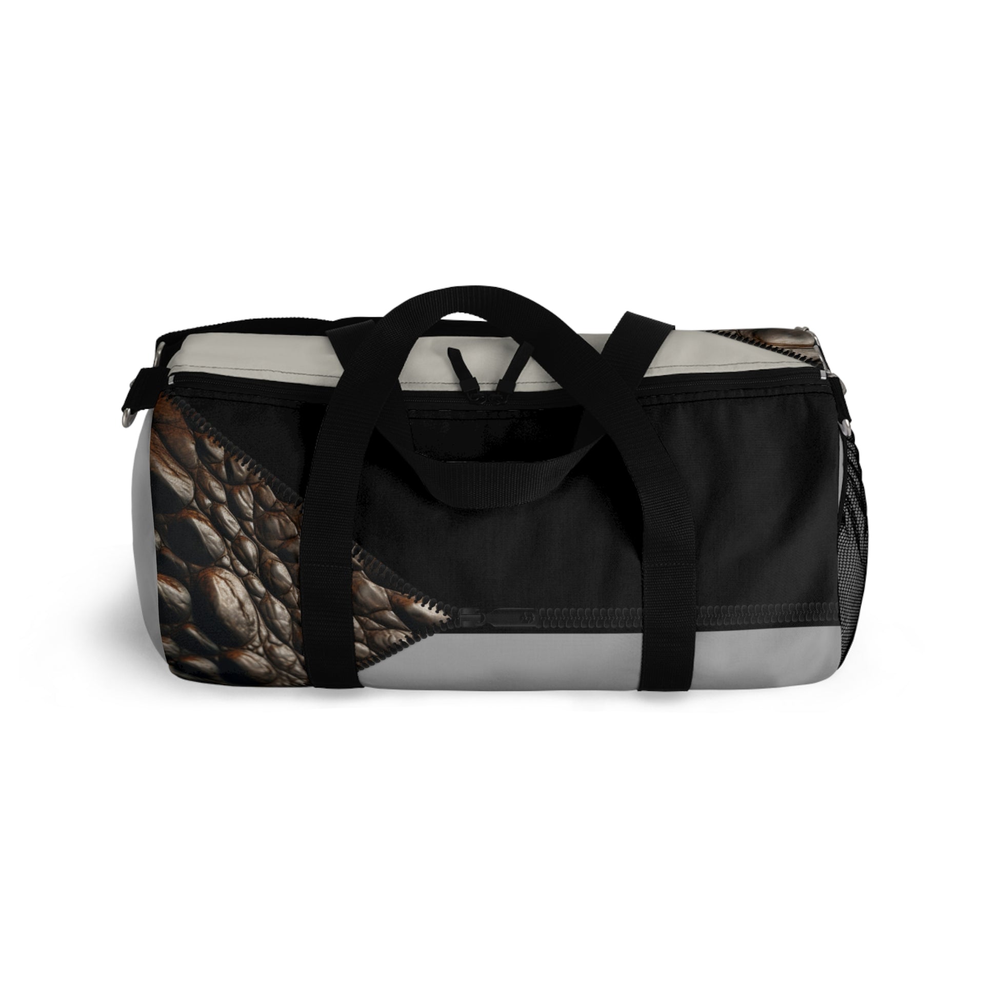 Luxe- Gym Bag: Stylish  and functional duffel for workout. Top view light grey bag with crocodile texture print over beige and black.