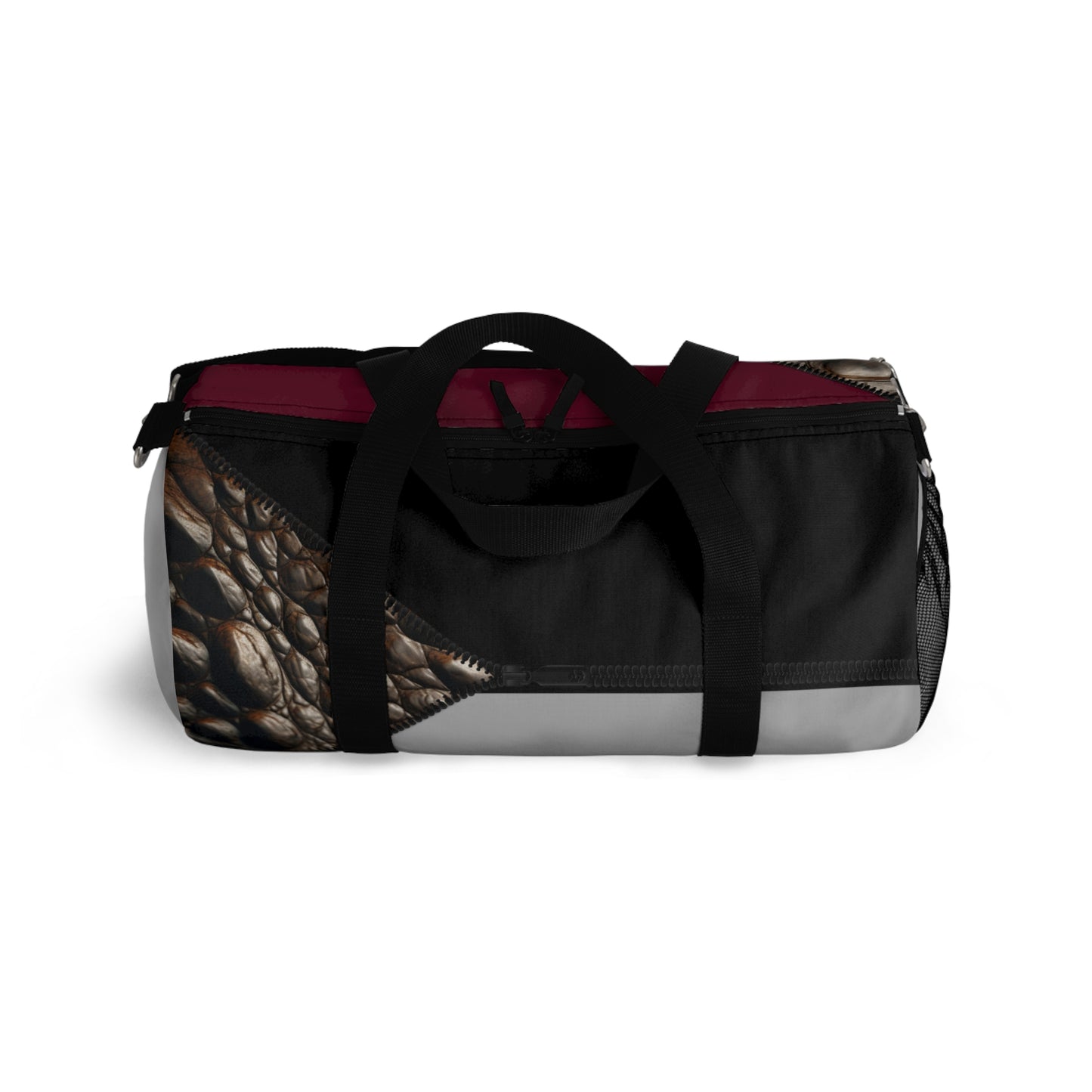 Luxe- Gym Bag: Stylish  and functional duffel for workout. Top view light grey bag with crocodile texture print over merlot and black.