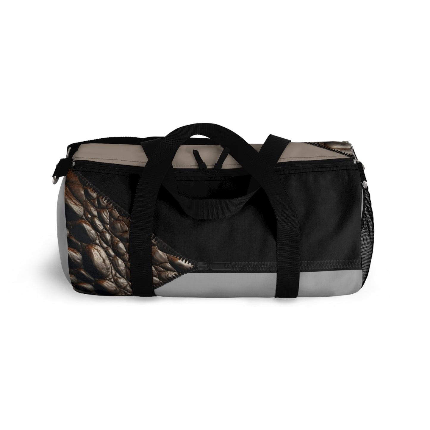 Luxe- Gym Bag: Stylish  and functional duffel for workout. Top view light grey bag with crocodile texture print over khaki and black.