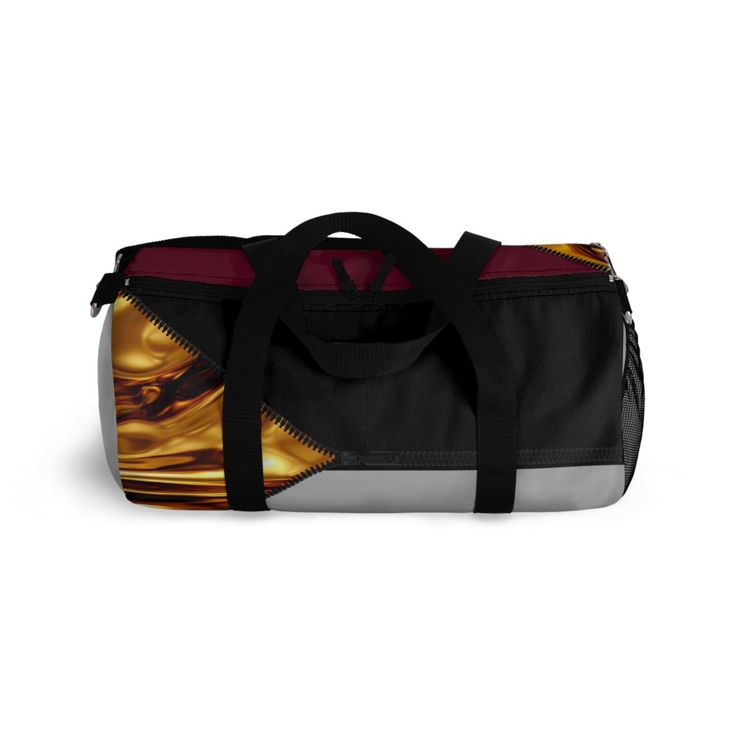 Luxe- Gym Bag: Stylish  and functional duffel for workout. Top view light grey bag with gold texture print over merlot and black.