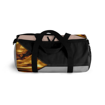 Luxe- Gym Bag: Stylish  and functional duffel for workout. Top view light grey bag with gold texture print over coral and black.