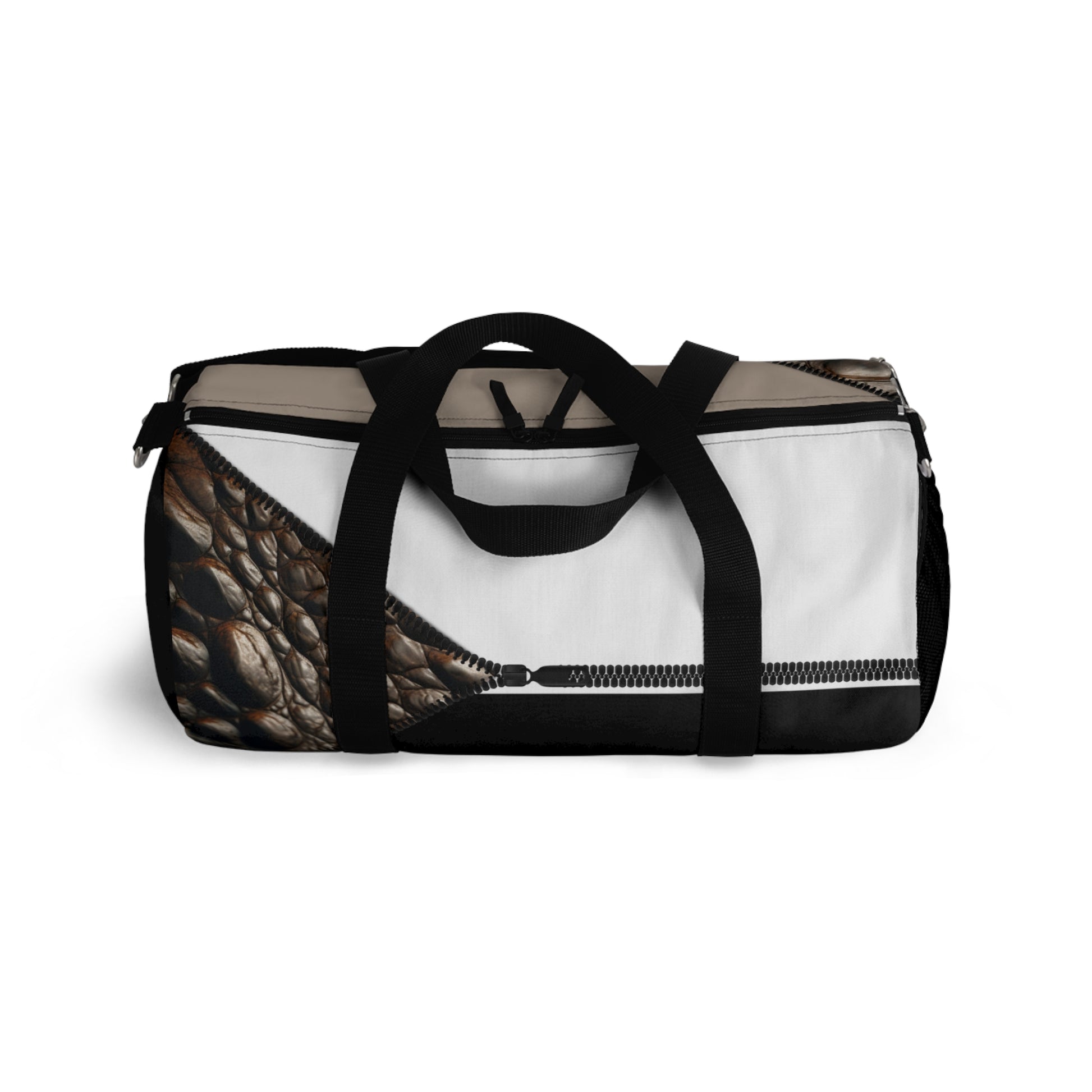 Luxe- Gym Bag: Stylish  and functional duffel for workout. Top view black bag with crocodile texture print over khaki and white.