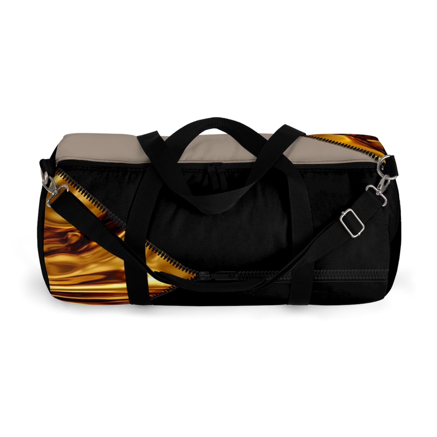 LUXE-Duffel: Top view of black bag with gold texture print over khaki and black.