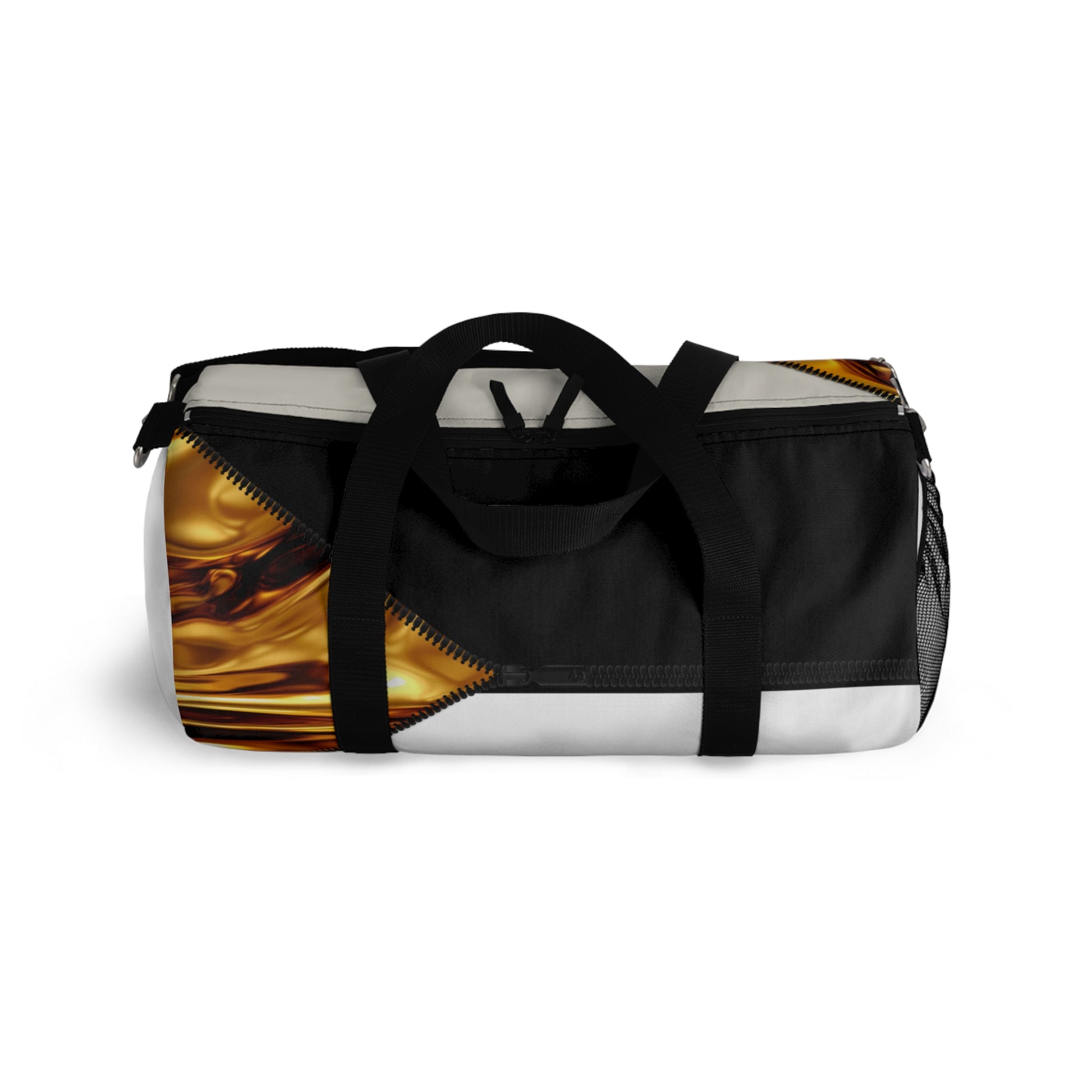 Luxe- Gym Bag: Stylish  and functional duffel for workout. Top view white bag with gold texture print over beige and black.