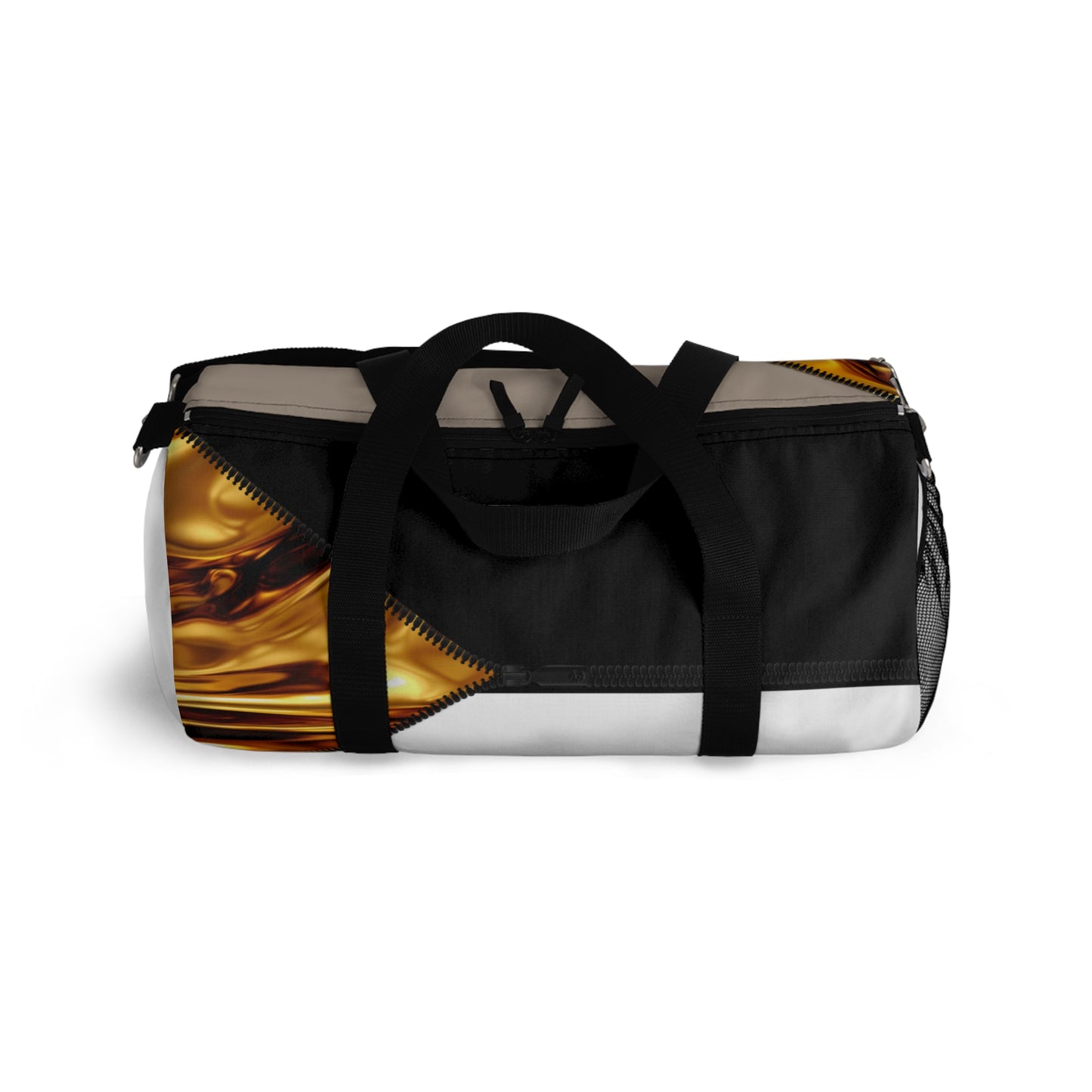 Luxe- Gym Bag: Stylish  and functional duffel for workout. Top view white bag with gold texture print over khaki and black.