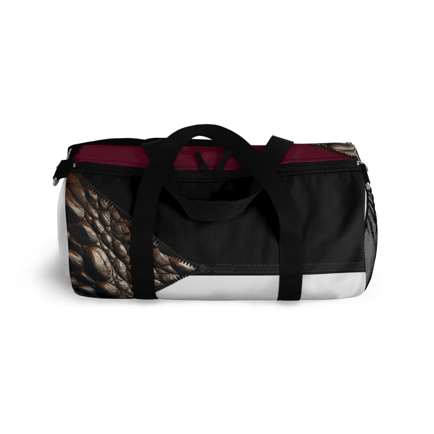 Luxe- Gym Bag: Stylish  and functional duffel for workout. Top view white bag with crocodile texture print over merlot and black.