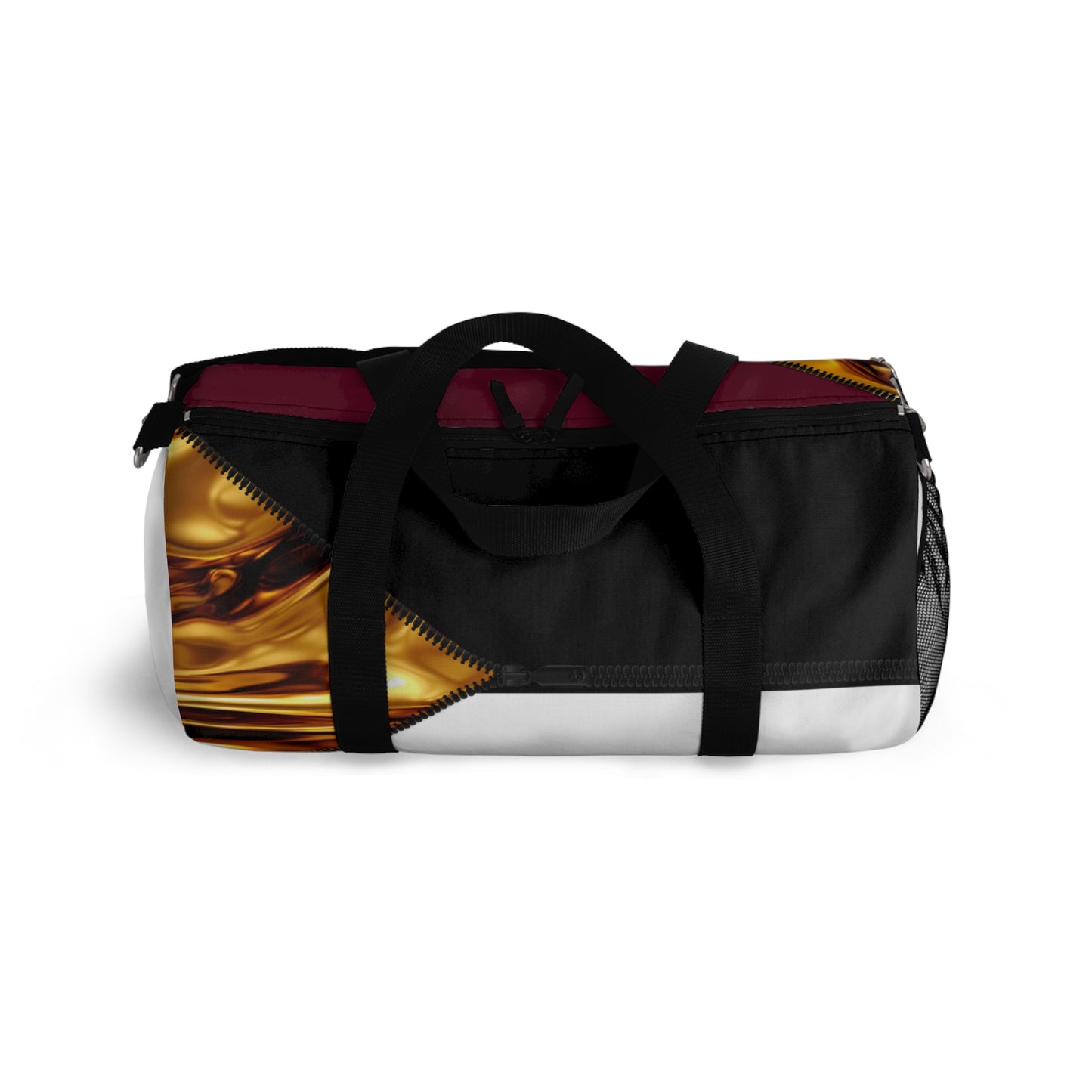 Luxe- Gym Bag: Stylish  and functional duffel for workout. Top view white bag with gold texture print over merlot and black.