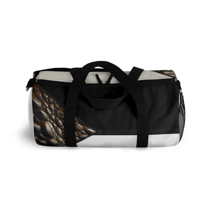 Luxe- Gym Bag: Stylish  and functional duffel for workout. Top view white bag with crocodile texture print over beige and black.