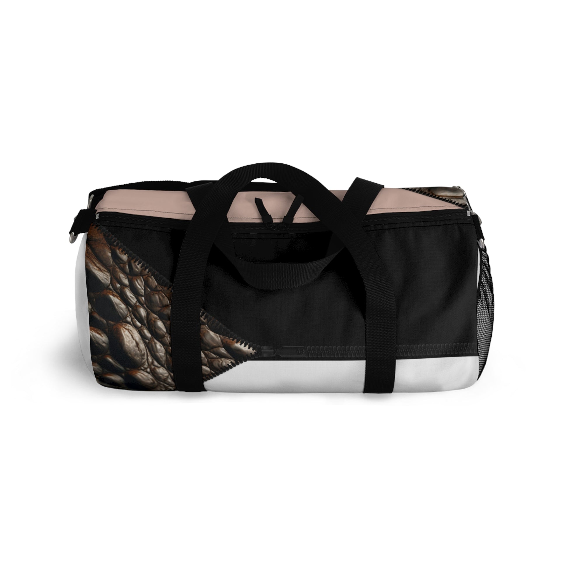 Luxe- Gym Bag: Stylish  and functional duffel for workout. Top view white bag with crocodile texture print over coral and black.