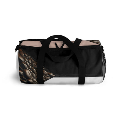 Luxe- Gym Bag: Stylish  and functional duffel for workout. Top view white bag with crocodile texture print over coral and black.