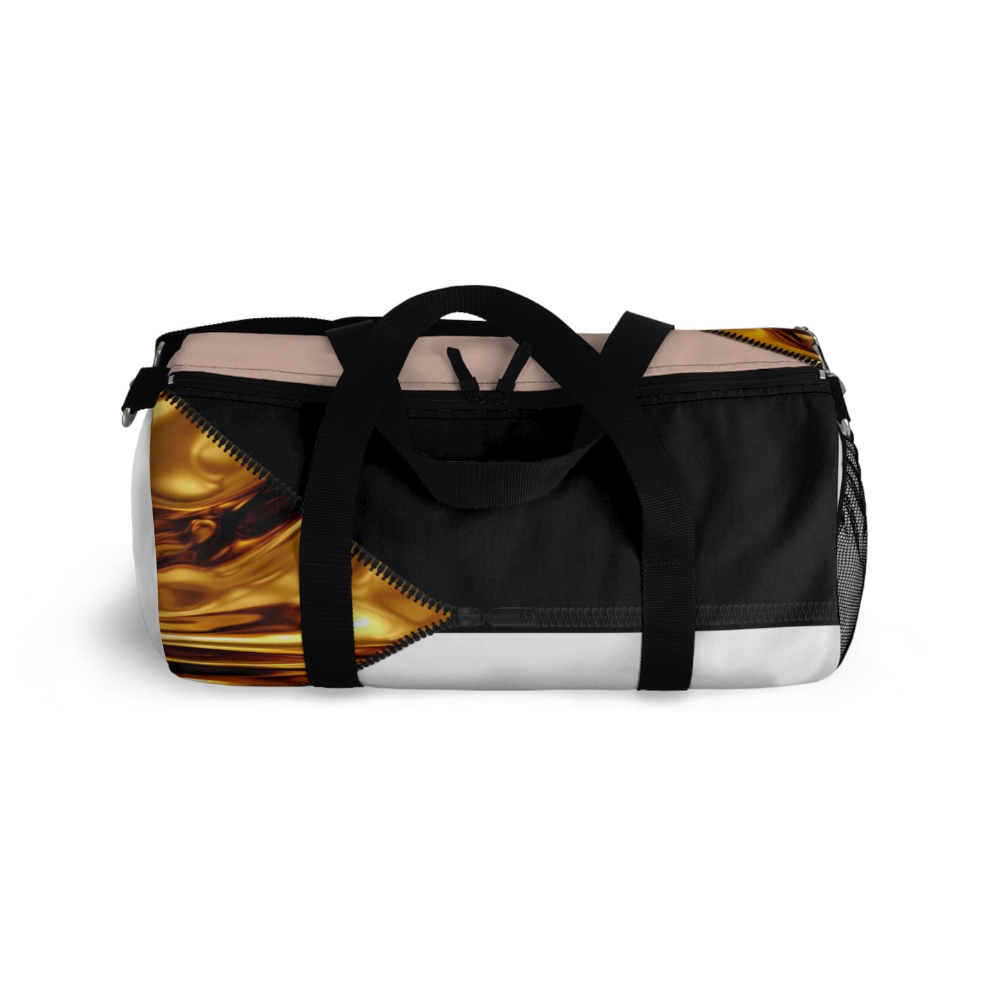 Luxe- Gym Bag: Stylish  and functional duffel for workout. Top view white bag with gold texture print over coral and black.