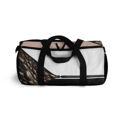 Luxe- Gym Bag: Stylish  and functional duffel for workout. Top view black bag with crocodile texture print over coral and white.