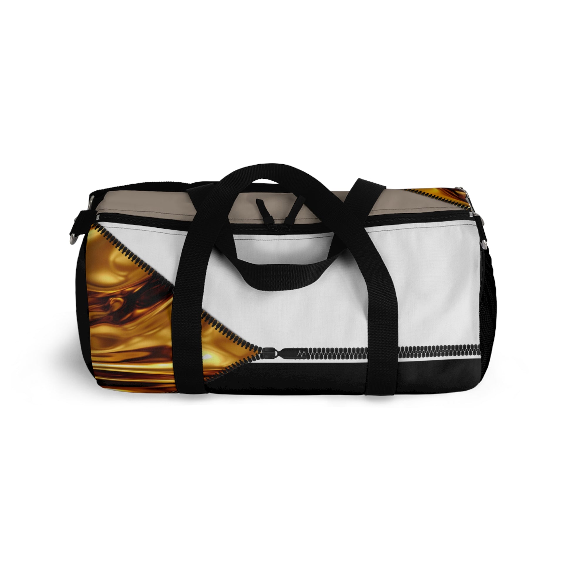 Luxe- Gym Bag: Stylish  and functional duffel for workout. Top view black bag with gold texture print over khaki and white..